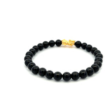 Load image into Gallery viewer, 18K Gold Pixiu Piyao Bracelet Natural Gemstones Onyx 6mm Elastic Bracelet S7.5" - Rafant