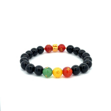 Load image into Gallery viewer, 18K Solid Gold Money Bag Lucky Charm Bracelet - Natural Black Onyx & Colorful Carved Agate - 8mm Stretch Gemstone Bracelet