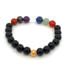 Load image into Gallery viewer, 18K Solid Gold Coin Ball Lucky Charm Bracelet Natural Chakra Gemstones Black Onyx 8mm Stretch Bracelet