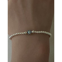 Load image into Gallery viewer, 925 Sterling Silver Beaded Stretch Stacking Bracelet Blue Flower Charm Minimalist Size 7"