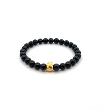 Load image into Gallery viewer, 18K Gold Money Bag Onyx Gemstones 6mm Lucky Charm Elastic Bracelet Size 6" - Rafant