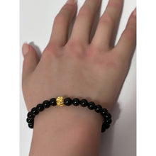 Load image into Gallery viewer, 18K Gold Money Bag Onyx Gemstones 6mm Lucky Charm Elastic Bracelet Size 6" - Rafant