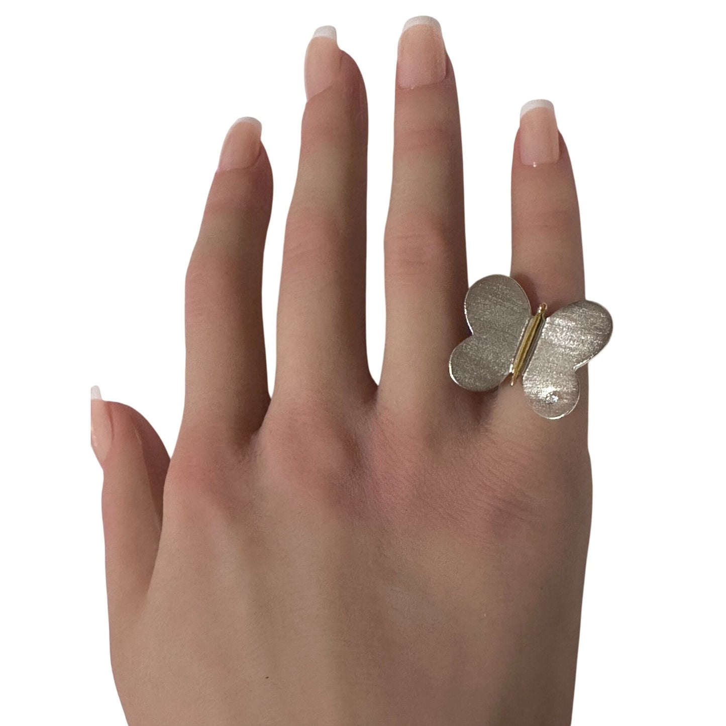 925 Sterling Silver Ring Very Large Butterfly Size 5 Cubic Zirconia Two Tone - Rafant