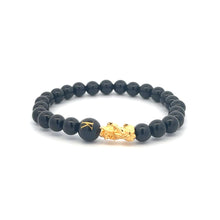 Load image into Gallery viewer, 18K Gold Pixiu Piyao Bracelet Natural Gemstones Onyx 6mm Elastic Bracelet Letter Initial Agate S6.5" - Rafant