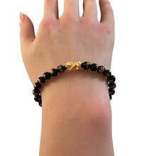 Load image into Gallery viewer, 18K Gold Pixiu Piyao Bracelet Natural Black Carved Onyx Gemstones 6mm Lucky Charm Size 6 inches