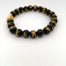 Load image into Gallery viewer, 24K Gold Piyao Pixiu Lucky Charm Dragon Bracelet Onyx Gemstones 8mm - Rafant