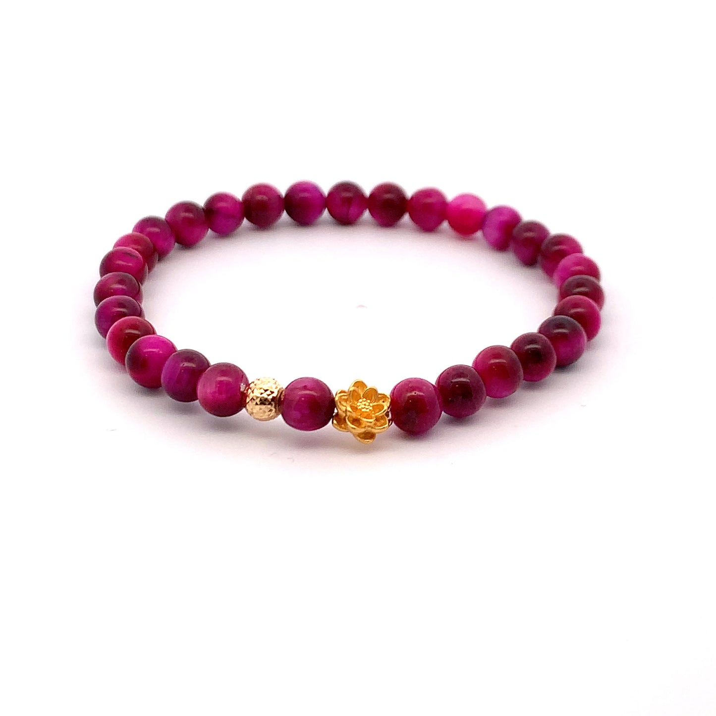 24K Gold Lotus Lucky Charm Bracelet Pink Tiger's Eye Gemstones 5-6mm - Rafant