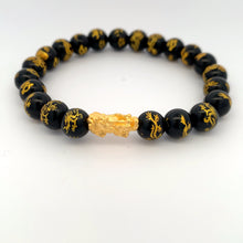 Load image into Gallery viewer, 24K Gold Piyao Pixiu Lucky Charm Dragon Bracelet Onyx Gemstones 8mm - Rafant