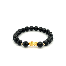Load image into Gallery viewer, 18K Gold Dragon Pixiu Piyao Lucky Charm Bead Bracelet Gemstone Black Obsidian 8mm - Rafant
