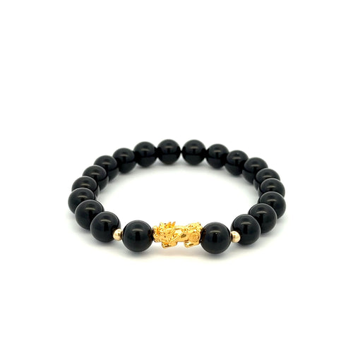 18K Gold Dragon Pixiu Piyao Lucky Charm Bead Bracelet Gemstone Black Obsidian 8mm - Rafant