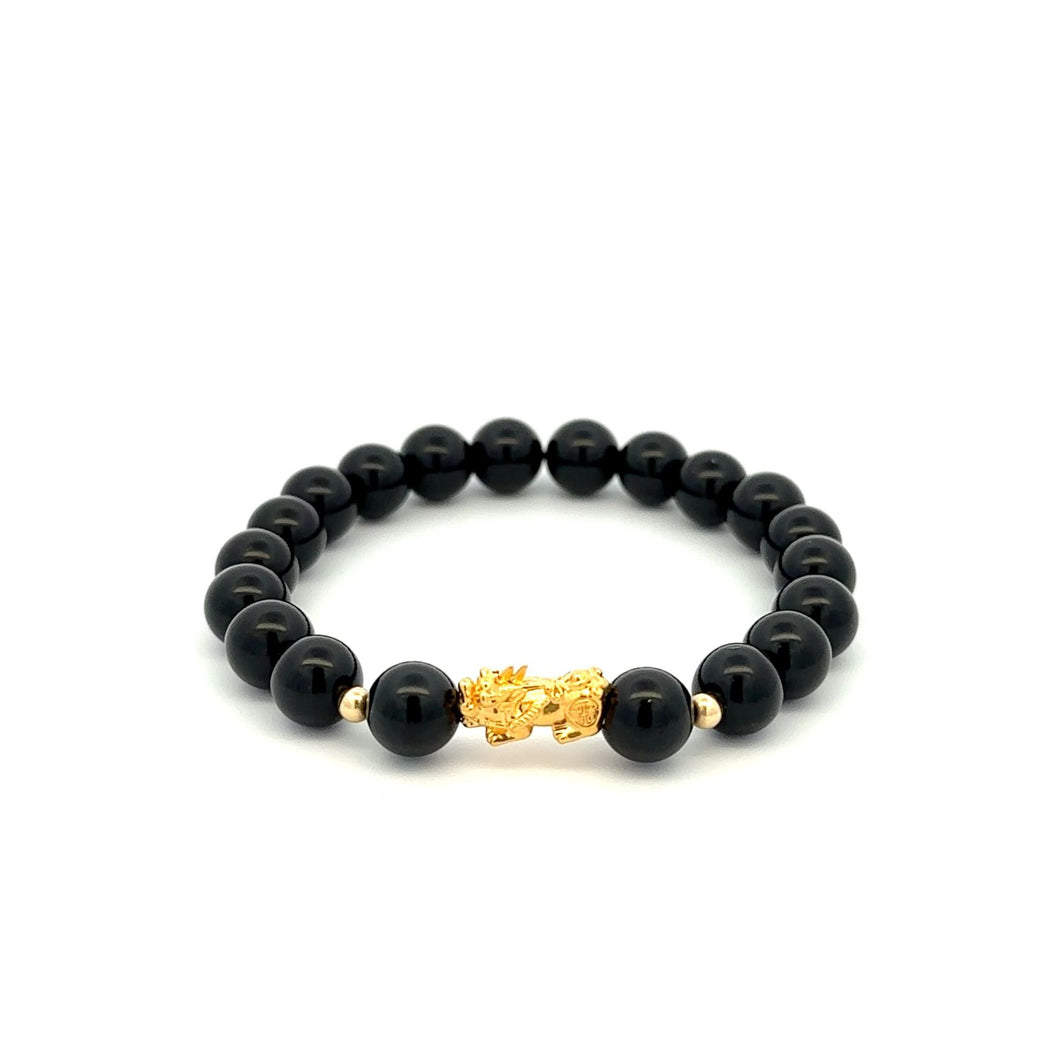 18K Gold Dragon Pixiu Piyao Lucky Charm Bead Bracelet Gemstone Black Obsidian 8mm - Rafant