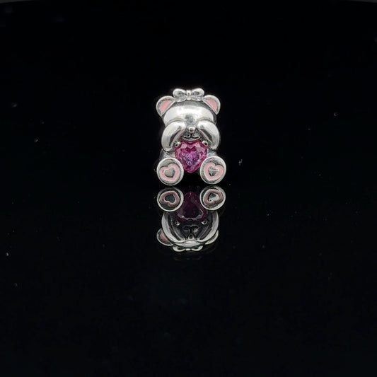 925 Sterling Silver Charm Bead Pink Heart Bear For Charm Bracelet Necklace - Rafant