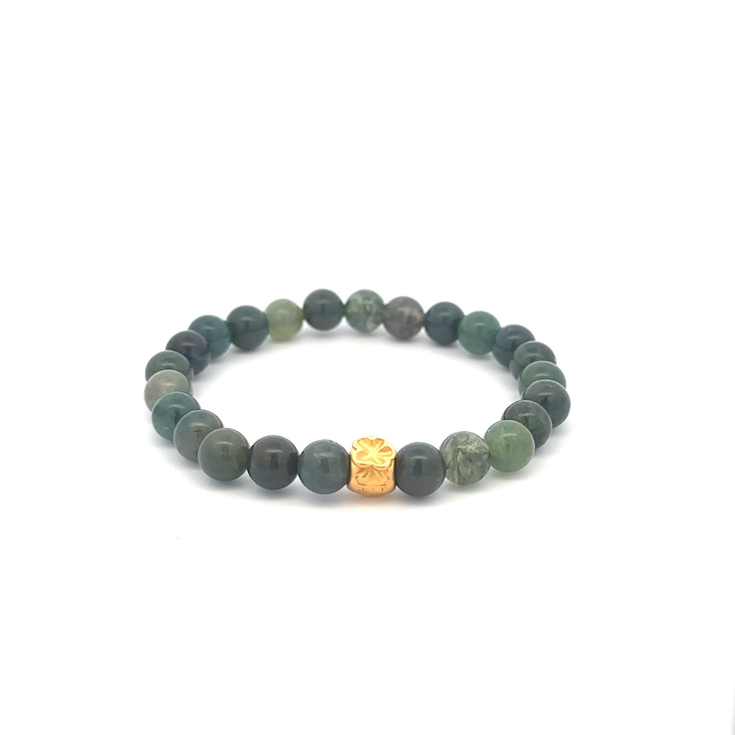 24K Yellow Gold Money Bag Lucky Bracelet Moss Agate Gemstones 6mm - Rafant