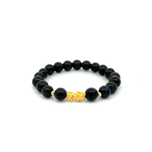 18K Gold Dragon Pixiu Piyao Lucky Bracelet Beads Gemstone Black Tourmaline 8mm - Rafant