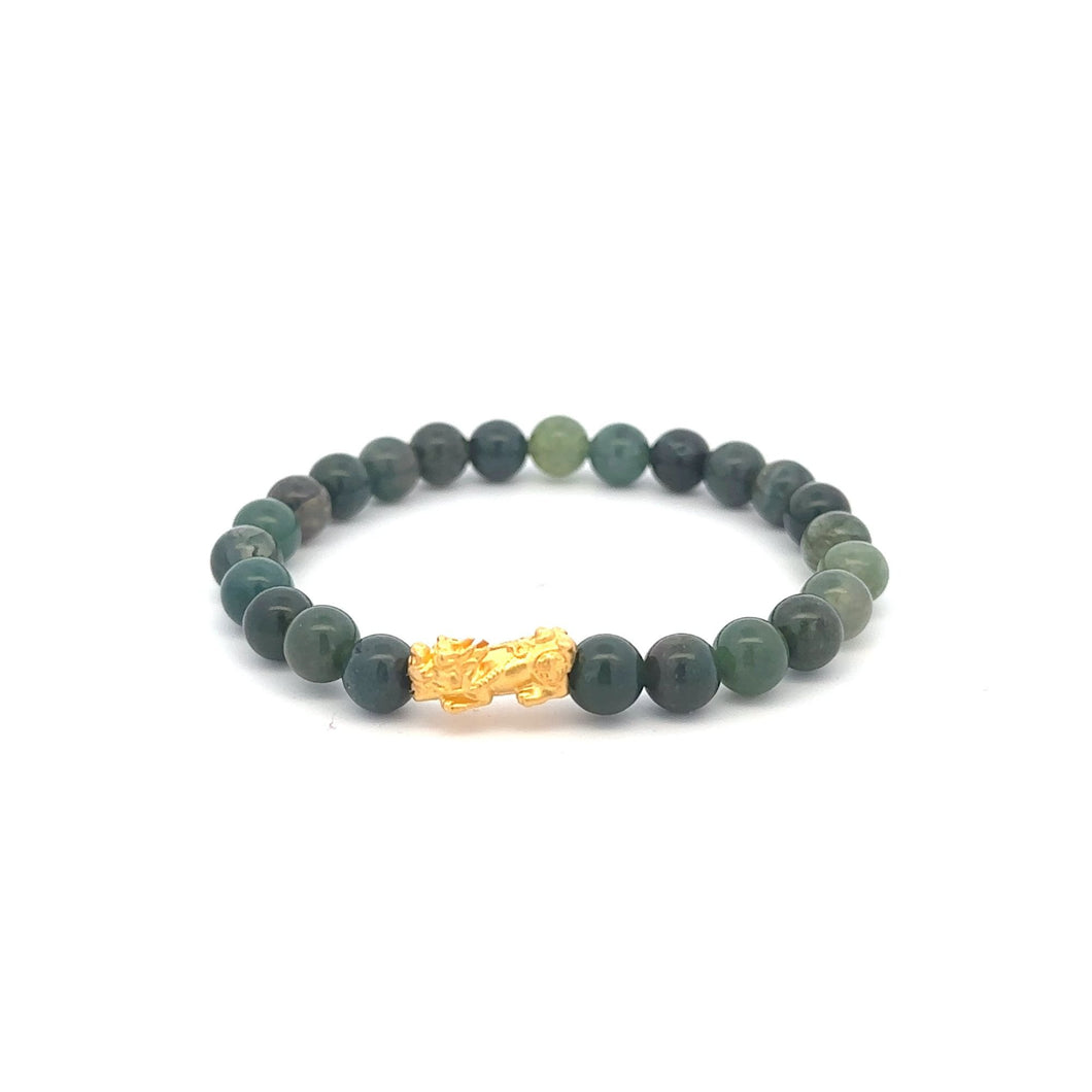 24K Gold Piyao Pixiu Lucky Charm Bracelet Gemstones Moss Agate 6mm - Rafant