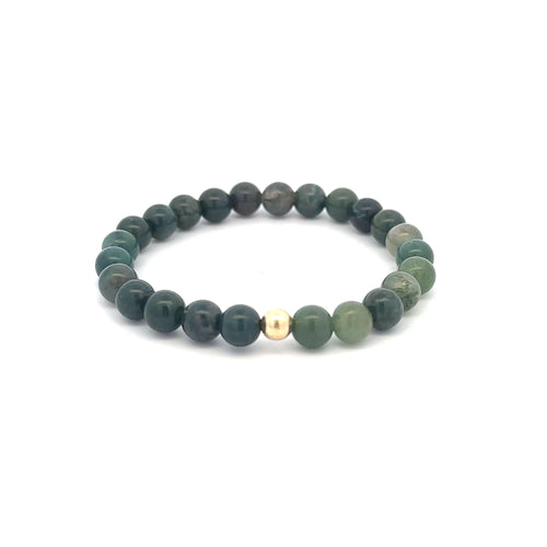 Natural Moss Agate 6mm Stretchable Bracelet 18k Gold Bead Charm - Rafant