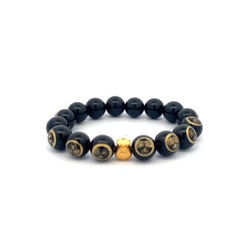 24K Yellow Gold Money Bag Lucky Bracelet Carved Black Agate Gemstones 10mm - Rafant