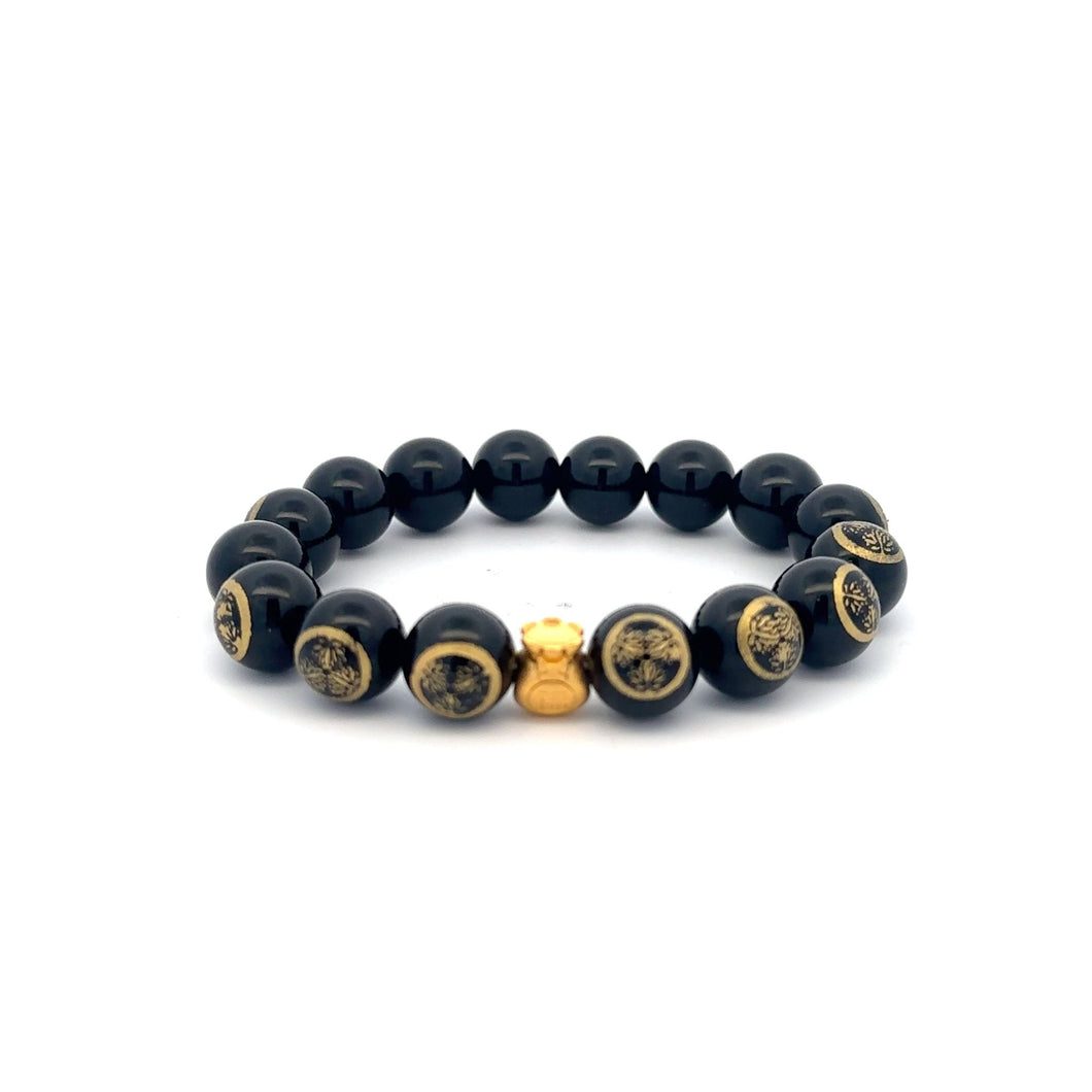 24K Yellow Gold Money Bag Lucky Bracelet Carved Black Agate Gemstones 10mm - Rafant