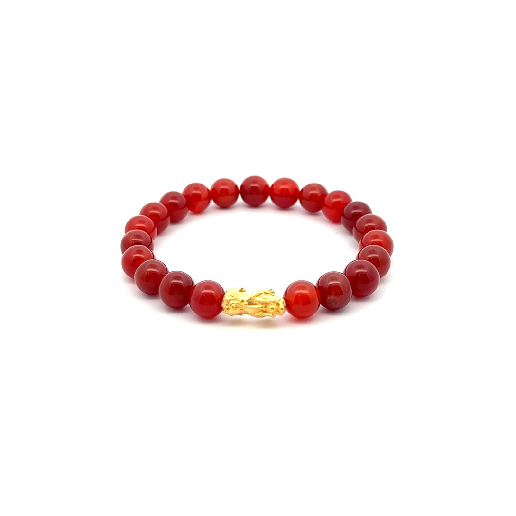 24K Gold Piyao Pixiu Lucky Charm Bracelet Gemstones Carnelian 8mm S6.5