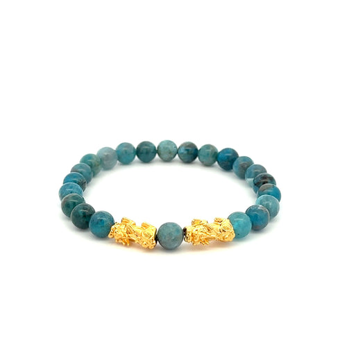18K Gold Dragon Pixiu Double Piyao Lucky Charm Bracelet Gemstones Apatite 6mm - Rafant