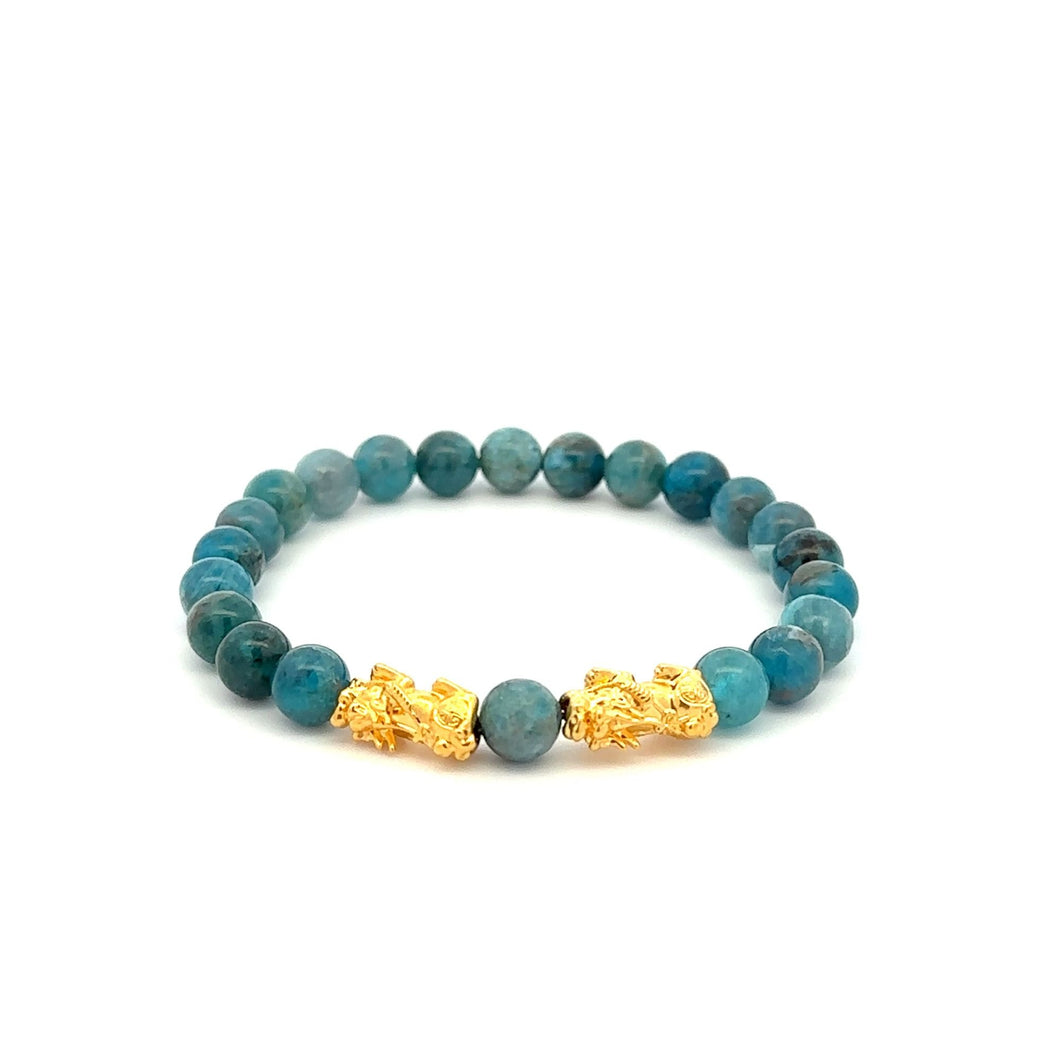 18K Gold Dragon Pixiu Double Piyao Lucky Charm Bracelet Gemstones Apatite 6mm - Rafant