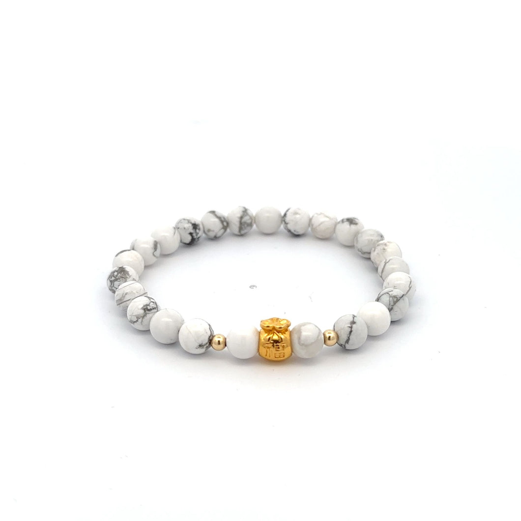 18K Gold Money Bag Lucky Charm Beads Bracelet Gemstones White Howlite 6mm - Rafant