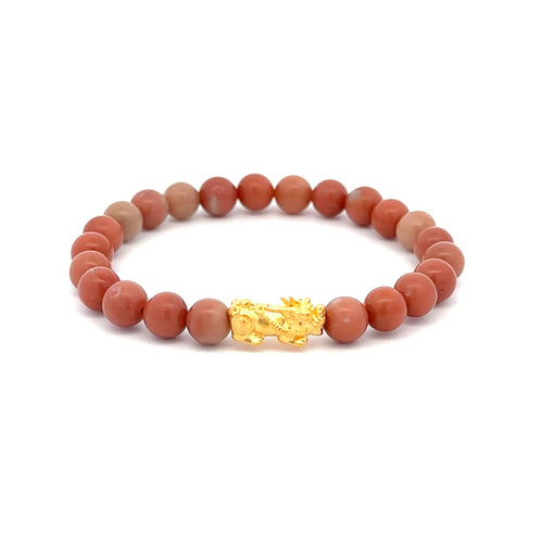 24K Gold Piyao Pixiu Lucky Charm Bracelet Gemstones Jade Indian Red 6mm - Rafant