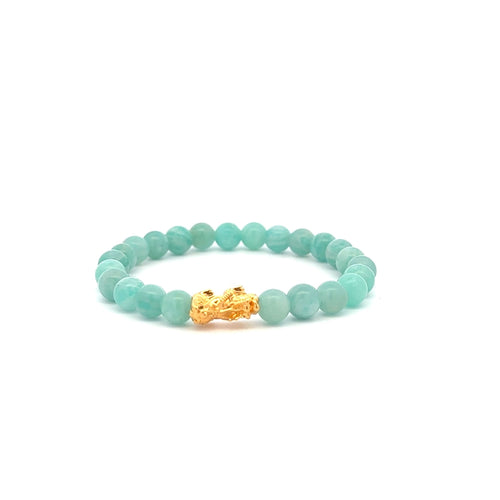 18K Gold Piyao Pixiu Dragon Lucky Charm Bracelet Gemstones Amazonite Peru 6mm - Rafant