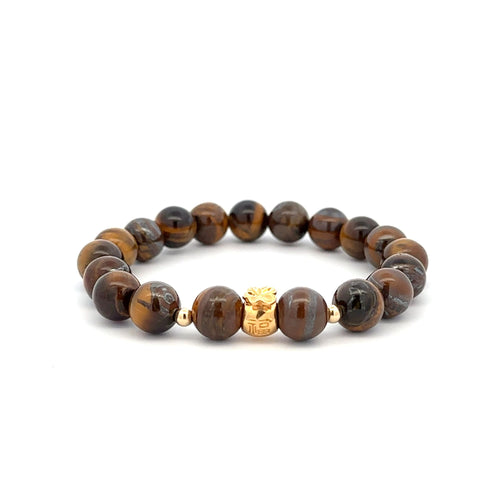 18K Gold Money Bag Lucky Charm Beads Bracelet Gemstones Tiger's Eye 8mm - Rafant