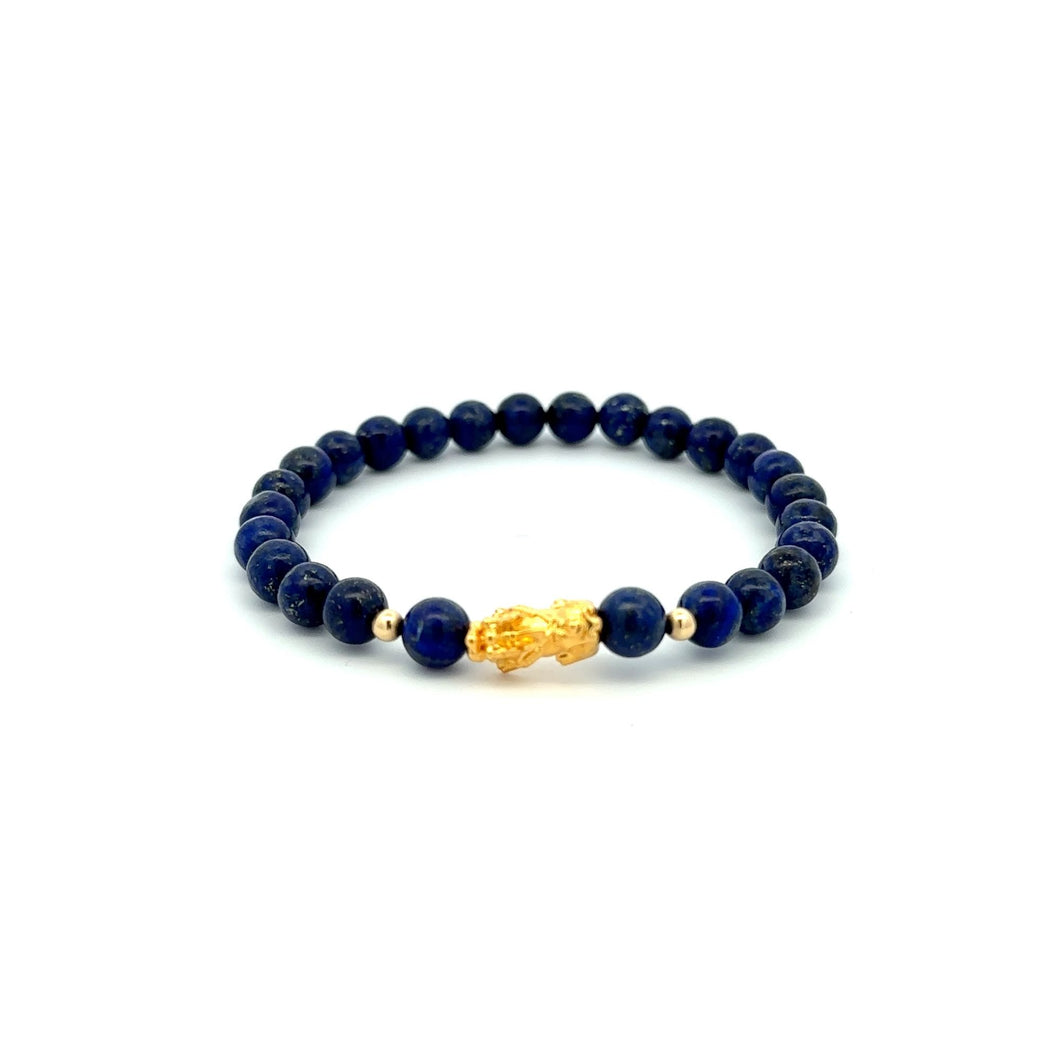 18K Gold Dragon Pixiu Piyao Lucky Bracelet Beads Gemstone Lapis Lazuli 6mm - Rafant