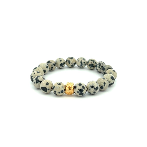 18K Gold Money Bag Lucky Charm Bracelet Gemstones Dalmatian Jasper 8mm - Rafant