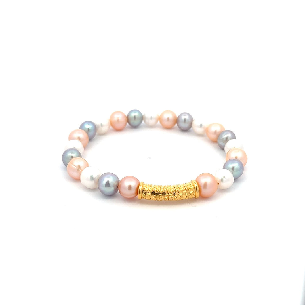 18K Gold Tube Lucky Charm Bracelet Gemstones Multicolor Pearl 6.5mm - 7.5mm - Rafant