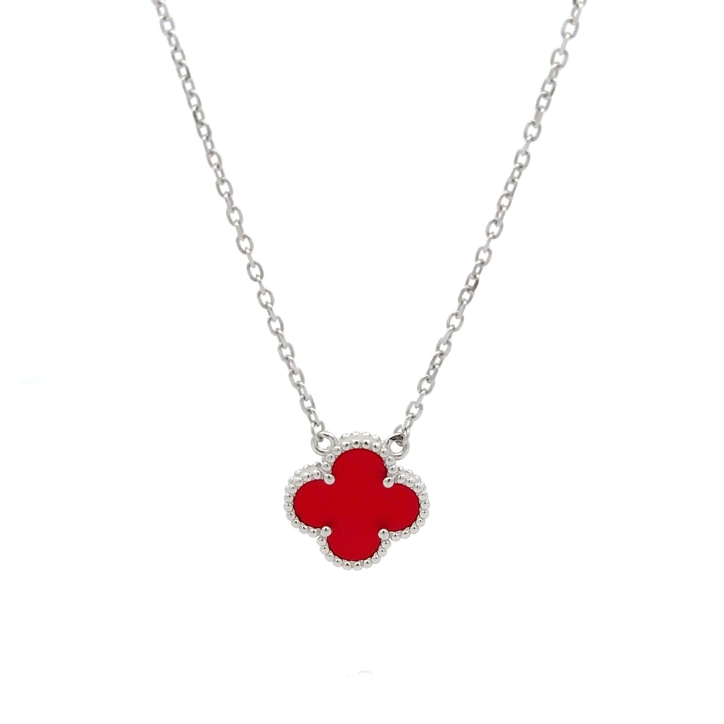 925 Sterling Silver Necklace 17 inches Chain Red Agate Clover Pendant - Rafant