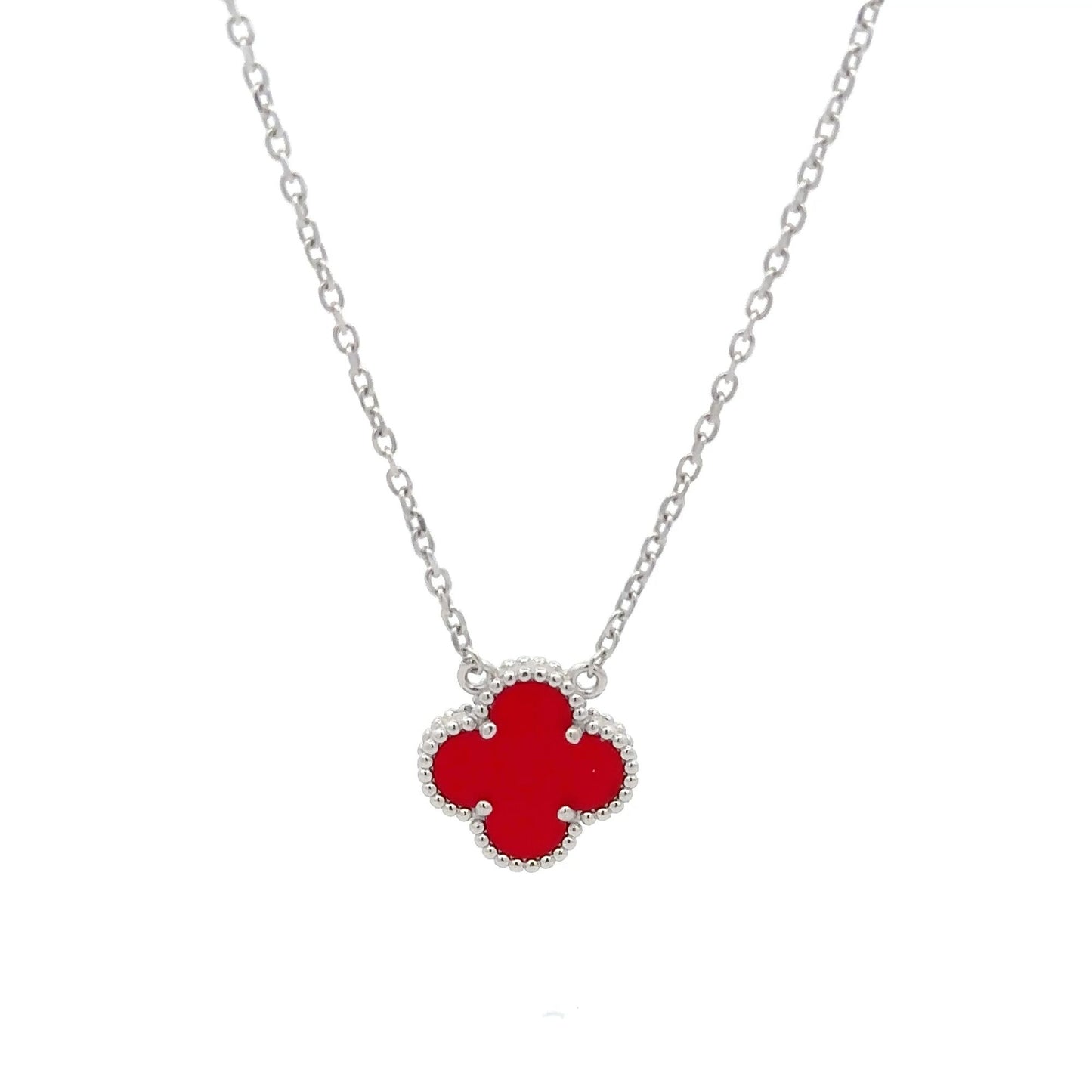 925 Sterling Silver Necklace 17 inches Chain Red Agate Clover Pendant - Rafant