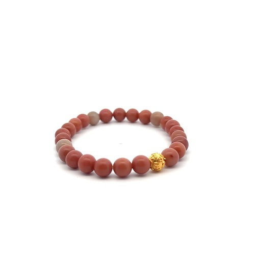 18K Gold Money Ball Lucky Bracelet Gemstones Jade Indian Red 6mm - Rafant