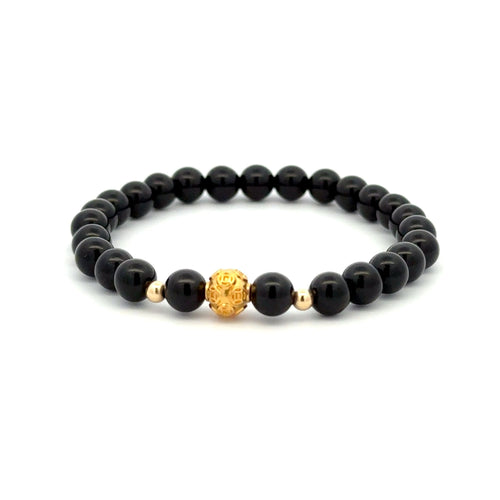 18K Gold Money Ball Lucky Charm Beads Bracelet Gemstones Obsidian 6mm - Rafant