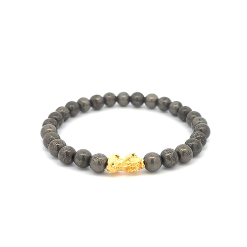 18K Gold Pixiu Piyao Bracelet Elastic Natural Gemstones Pyrite 6mm - Rafant