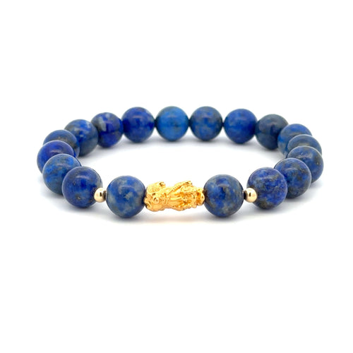 18K Gold Dragon Pixiu Piyao Lucky Charm Beads Bracelet Gemstones Lapis Lazuli 8mm - Rafant