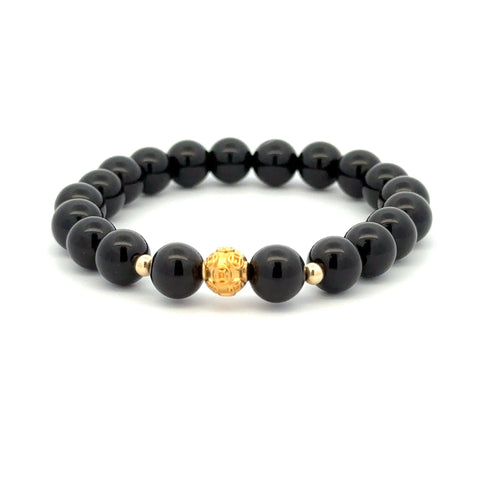 18K Gold Money Ball Lucky Charm Beads Bracelet Gemstones Obsidian 8mm - Rafant