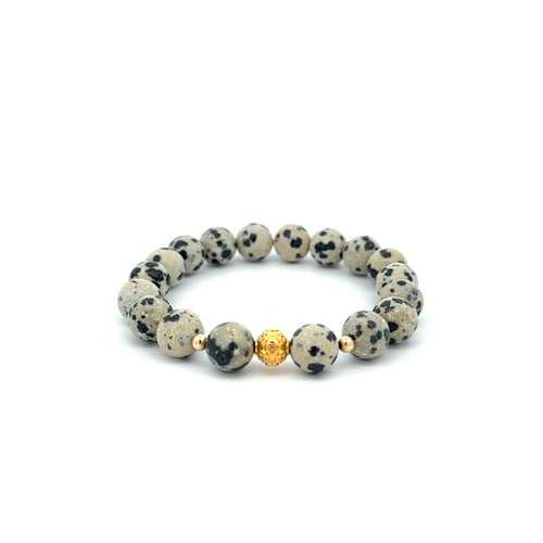 18K Gold Money Ball Lucky Charm Beads Bracelet Gemstones Dalmatian Jasper 8mm - Rafant