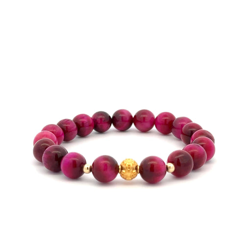 18K Gold Money Ball Lucky Charm Beads Bracelet Gemstones Pink Tiger's Eye 8mm - Rafant