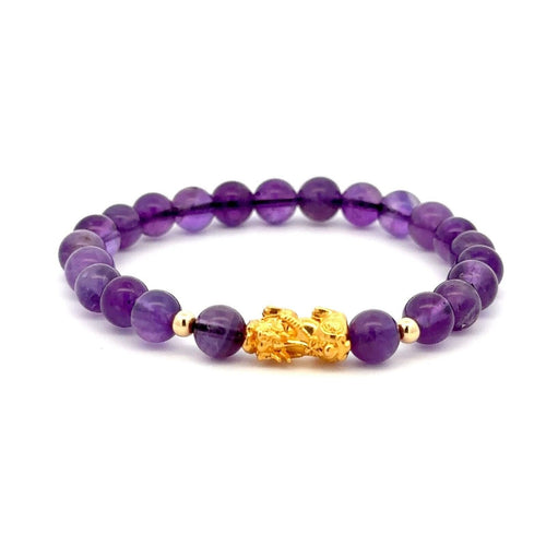 18K Gold Dragon Pixiu Piyao Lucky Charm Beads Bracelet Gemstones Amethyst 6mm - Rafant
