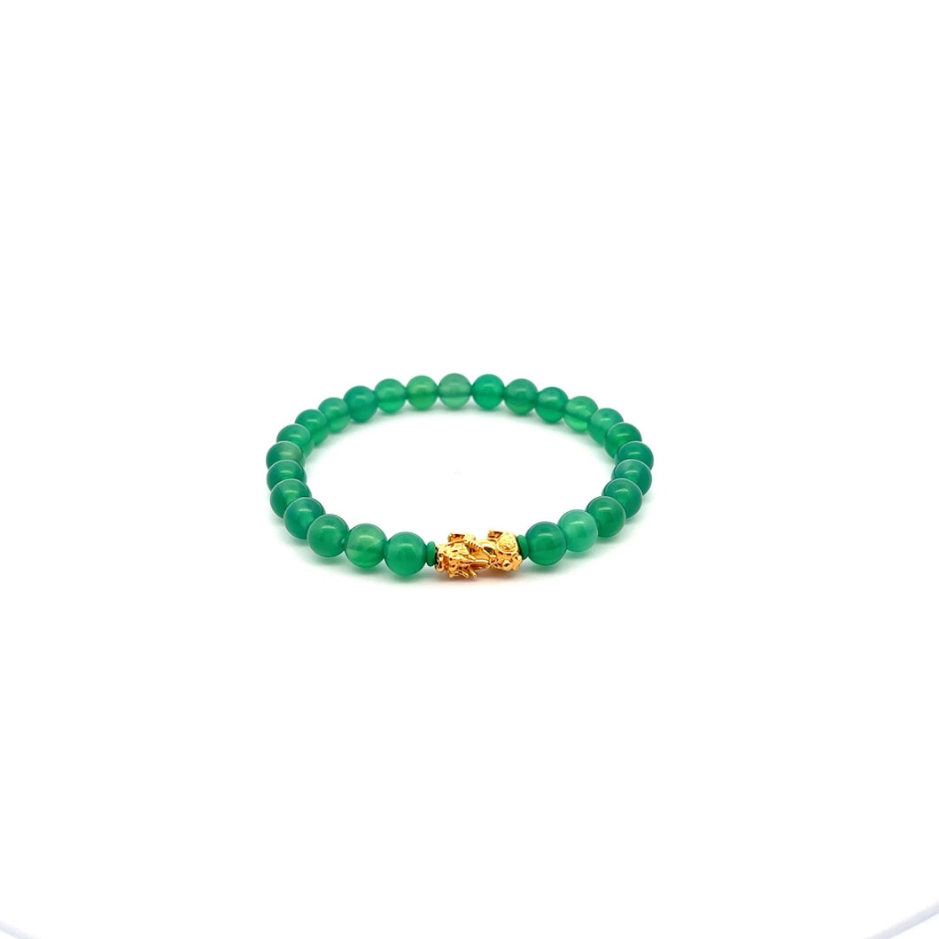 18K Gold Pixiu Piyao Lucky Charm Bracelet Natural Green Agate Gemstones 6mm