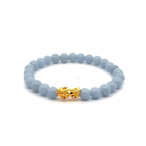 18K Gold Piyao Pixiu Dragon Lucky Charm Bracelet Gemstones Angelite 6mm - Rafant