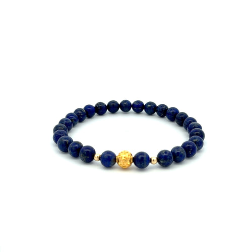 18K Gold Money Ball Lucky Charm Beads Bracelet Gemstones Lapis Lazuli 6mm - Rafant