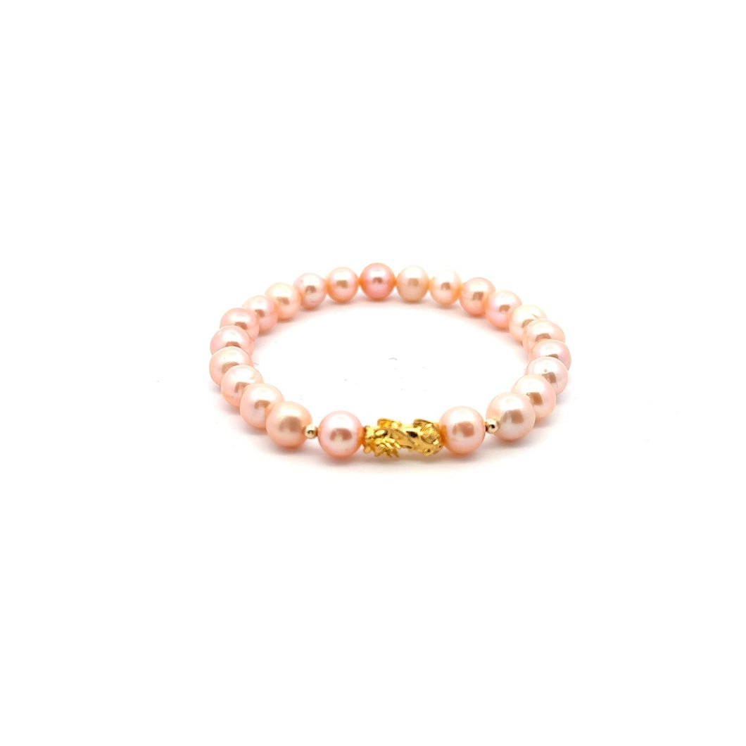 18K Gold Pixiu Piyao Bracelet Gemstones Natural Freshwater Pink Pearls 7-8mm