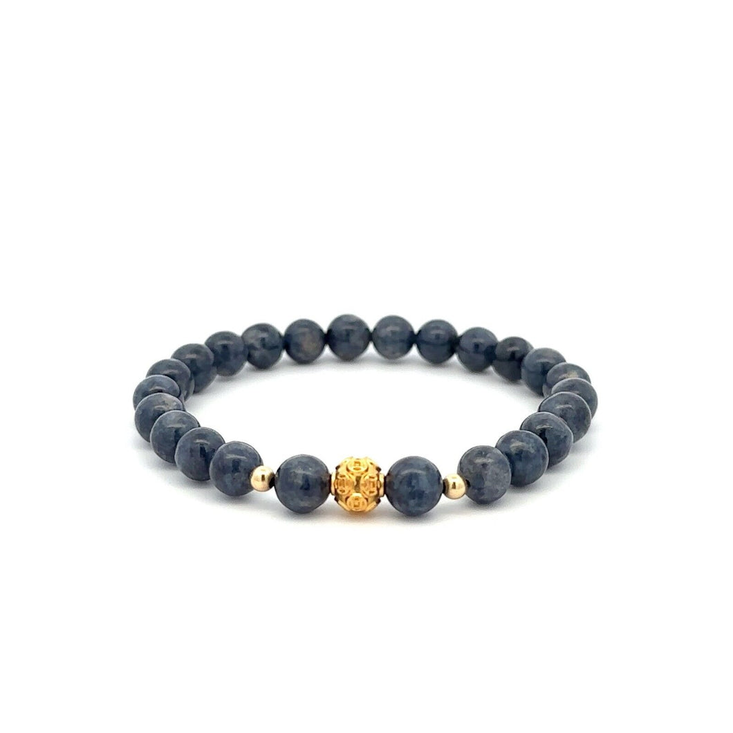 18K Gold Money Ball Lucky Charm Beads Bracelet Gemstones Sapphire 6mm - Rafant