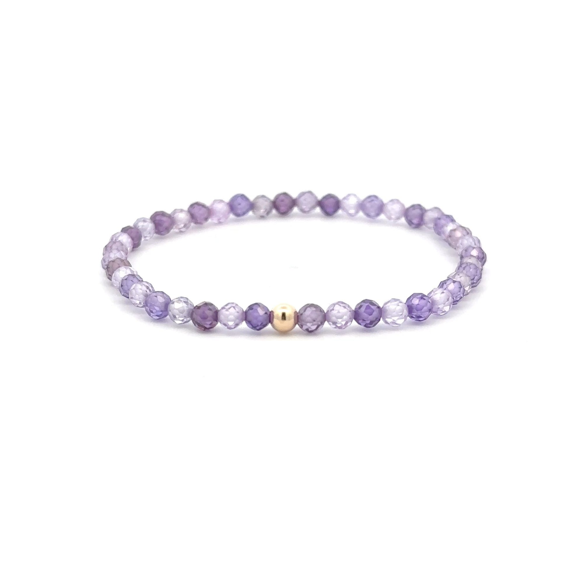 Cubic Zirconia Purple Micro Faceted Gemstone Beaded Stretch Bracelet 14K Gold Accent Bead Handmade - Rafant