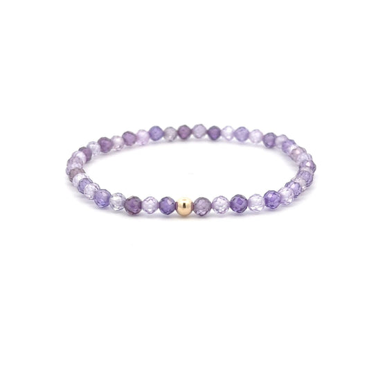 Cubic Zirconia Purple Micro Faceted Gemstone Beaded Stretch Bracelet 14K Gold Accent Bead Handmade - Rafant
