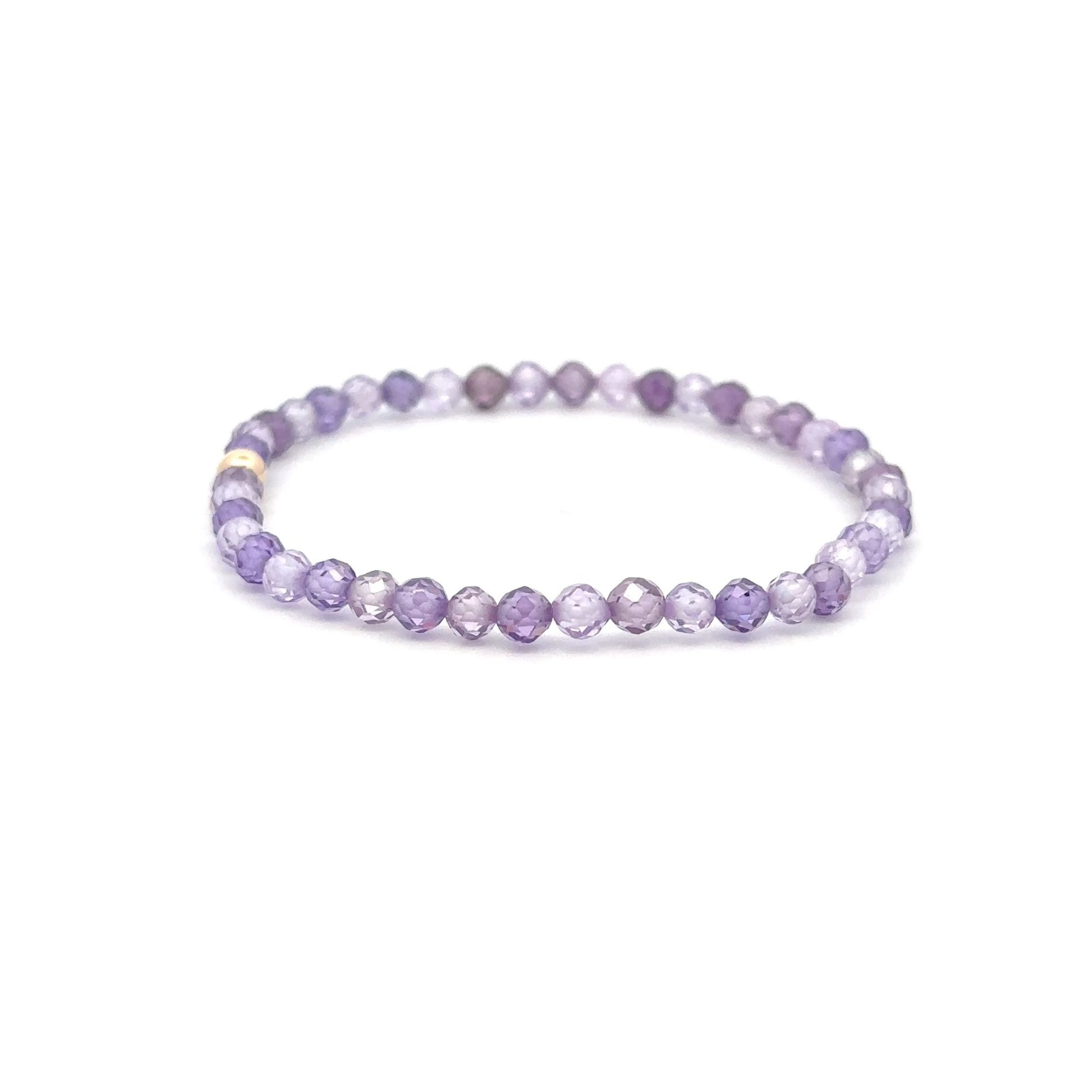 Cubic Zirconia Purple Micro Faceted Gemstone Beaded Stretch Bracelet 14K Gold Accent Bead Handmade - Rafant